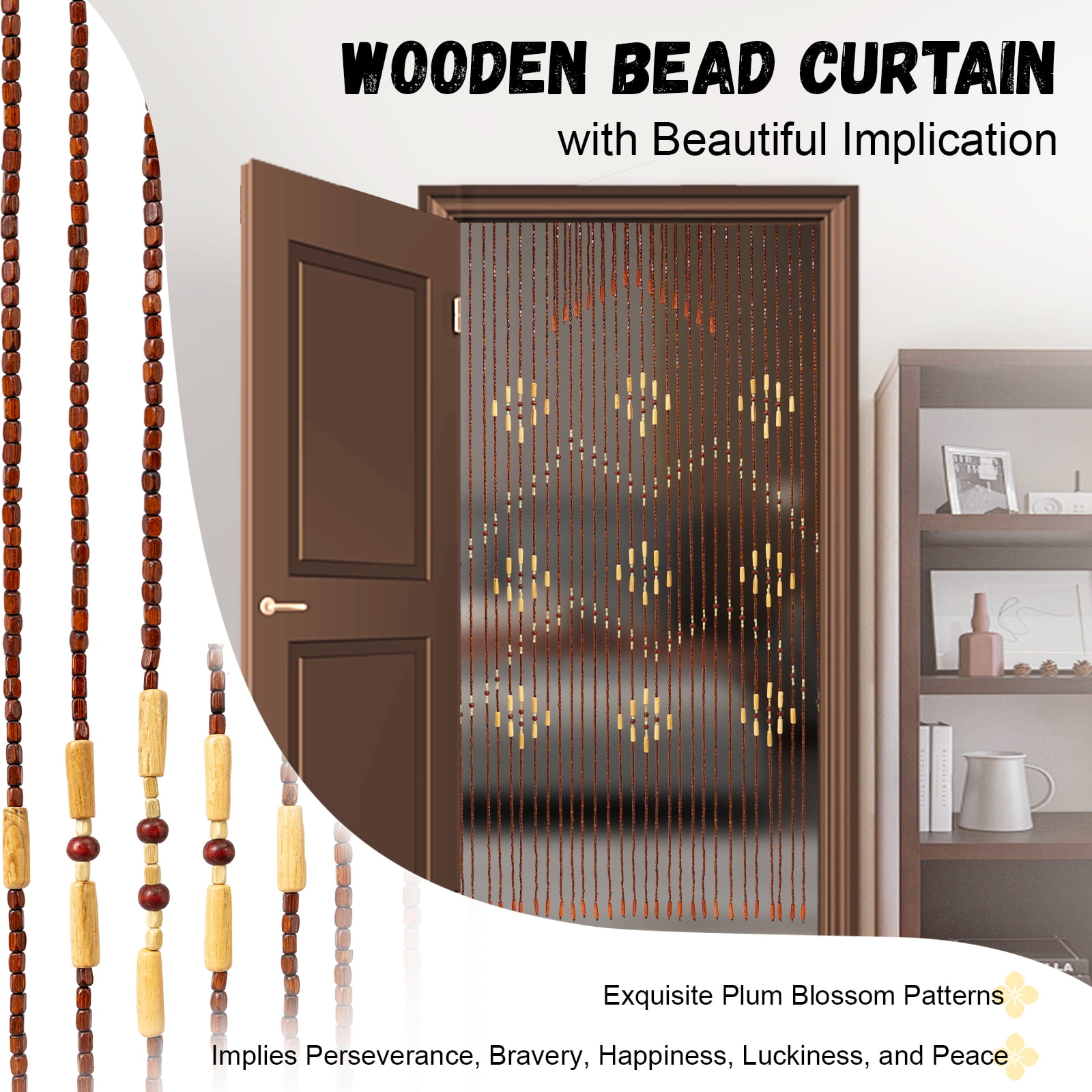 Door String Curtains, 32 Line Porch Drape Fly Curtain Wooden Bead Curtains Room Divider Blind for Bedroom Decorative