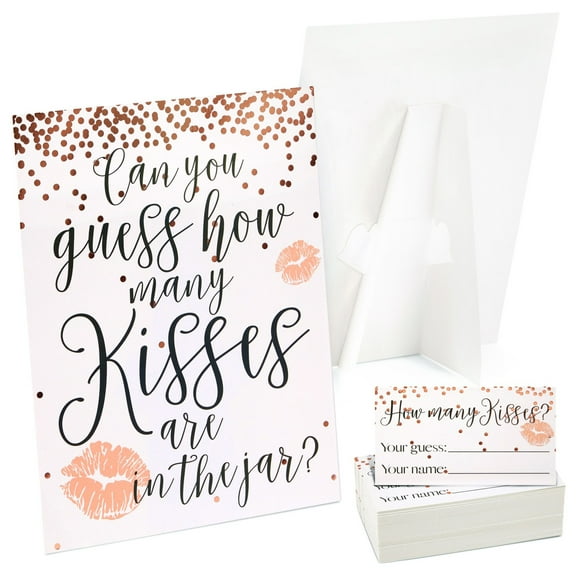 Sparkle and Bash Bridal Shower Games Guess How Many Kisses Challenge - 11 x 8.5 in Sign & 60 Cards, Pink Polka Dots - Engagement Games