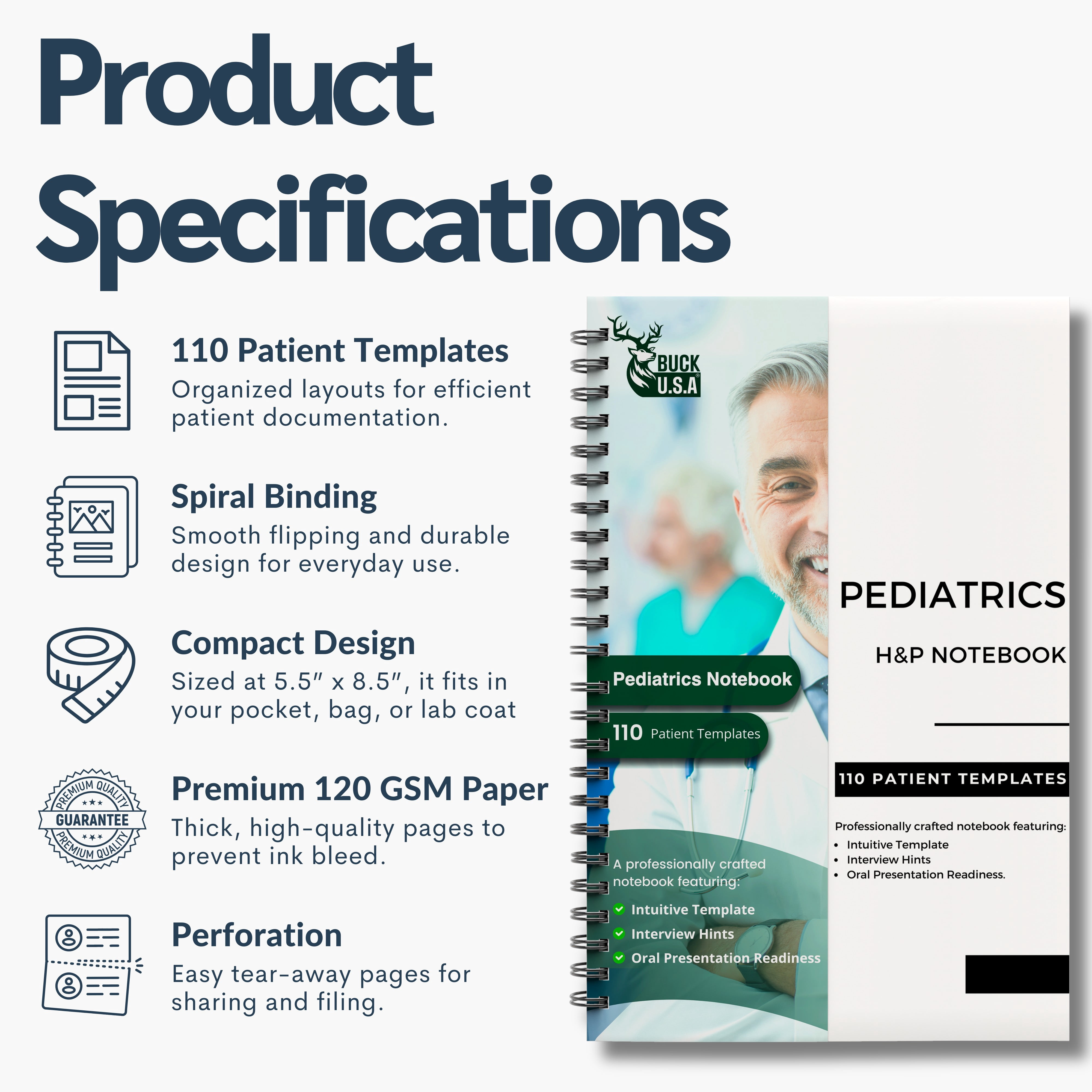 Pediatrics H&P Notebook: 110 Perforated Medical History & Physical Templates, 2-Page View, Pocket Size 8.5"x5.5", Includes Medicine Reference Sheet, Ideal for Students & Professionals, 1 Pack