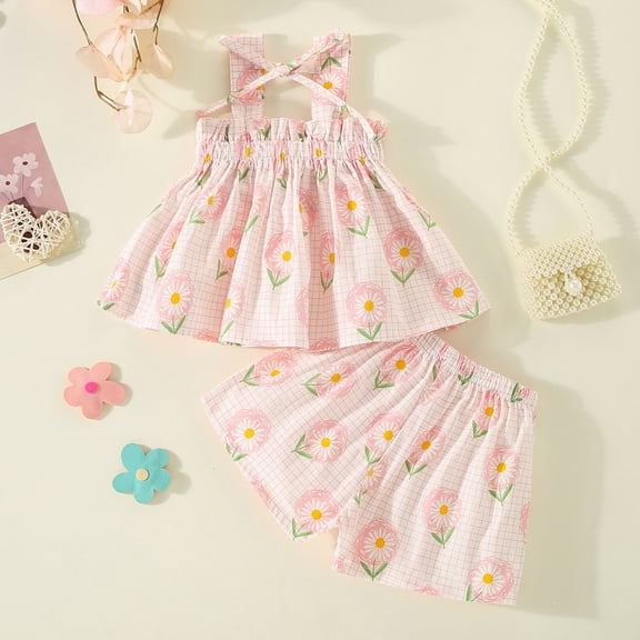 Vedolay 2 Piece Shorts Sets For Girls Girls Summer Outfits 2 Piece Short Sets Ruffle Sleeve Print T Shirt & Shorts,Pink 2-3 Years