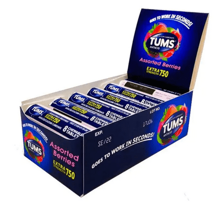 Tums Extra Strength 750 Assorted Berries Antacid Chewable Tablets for Heartburn Relief 8 Chewable Tablets 12 Rolls (1 Pack)