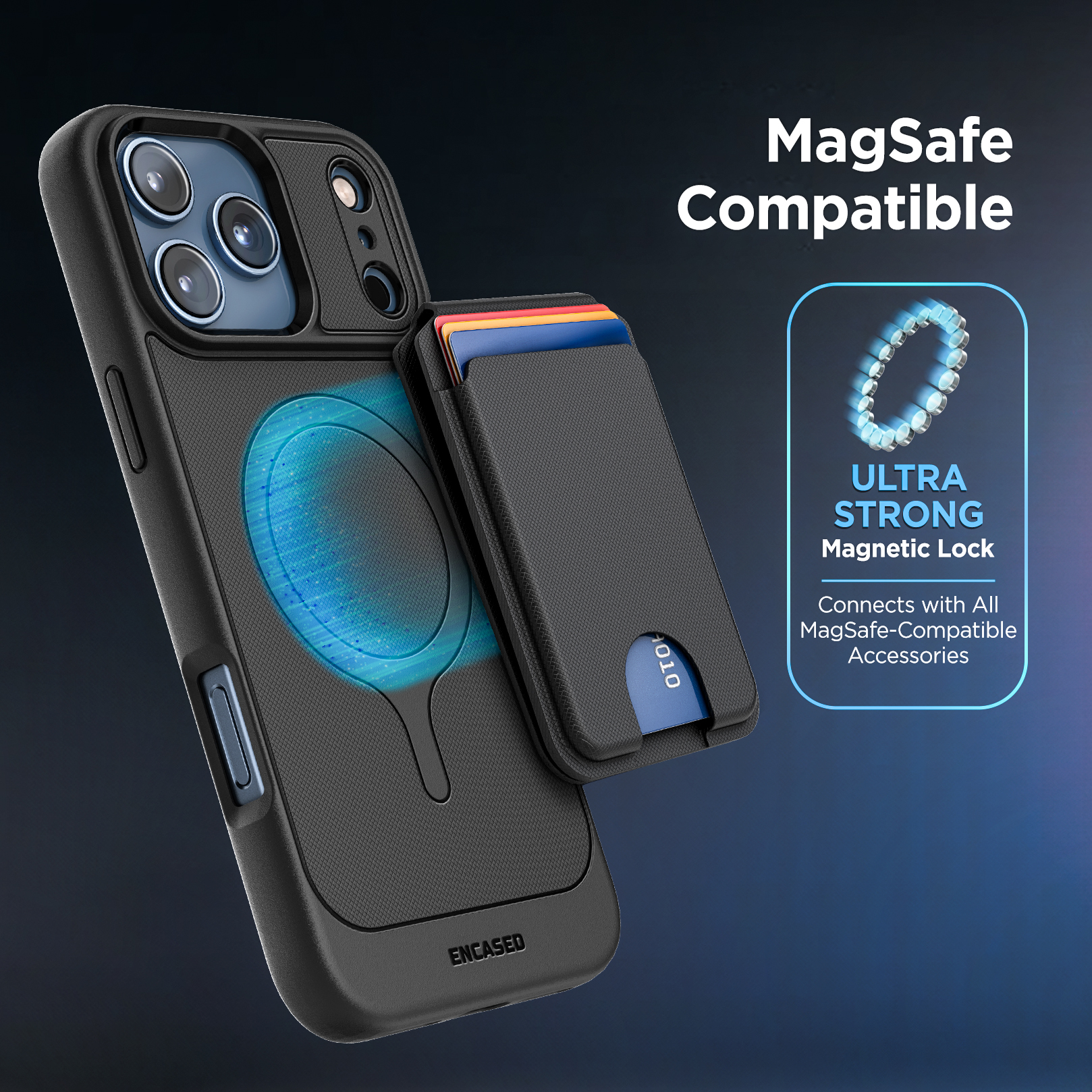 Encased for iPhone 17 Pro Wallet Case with Removable Magnetic Hinged Card Holder and Stand (Compatible with MagSafe) Black