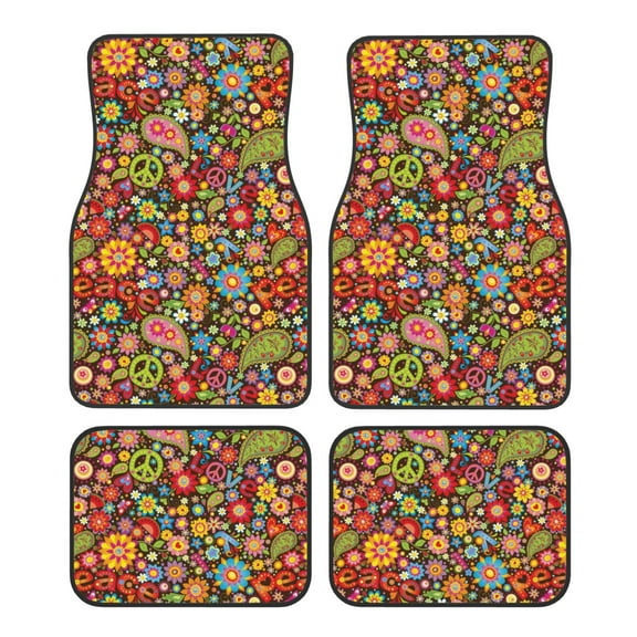 Yiaed Hippie Peace Love Print Carpet Floor Mats for Cars, Auto Accessories Front & Rear Car Floor Mats Car Floor Foot Mat Sets of 4 Pieces