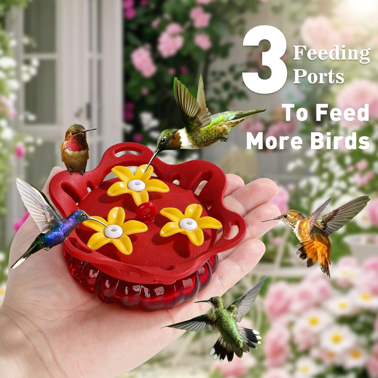 Set of 2 Glass Hummingbird Feeders for Outdoors Hanging with 3 Bee Guard Feeding Ports, 3.4OZ Handheld Humming Birds Feeders for Outside, Gifts for Women Mom, Red