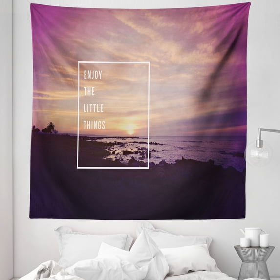 Wording Tapestry, Sunset on Beach with Tropical Landscape Hawaiian Scenic Beauty Idyllic Words, Fabric Wall Hanging Decor for Bedroom Living Room Dorm, 5 Sizes, Multicolor, by Ambesonne