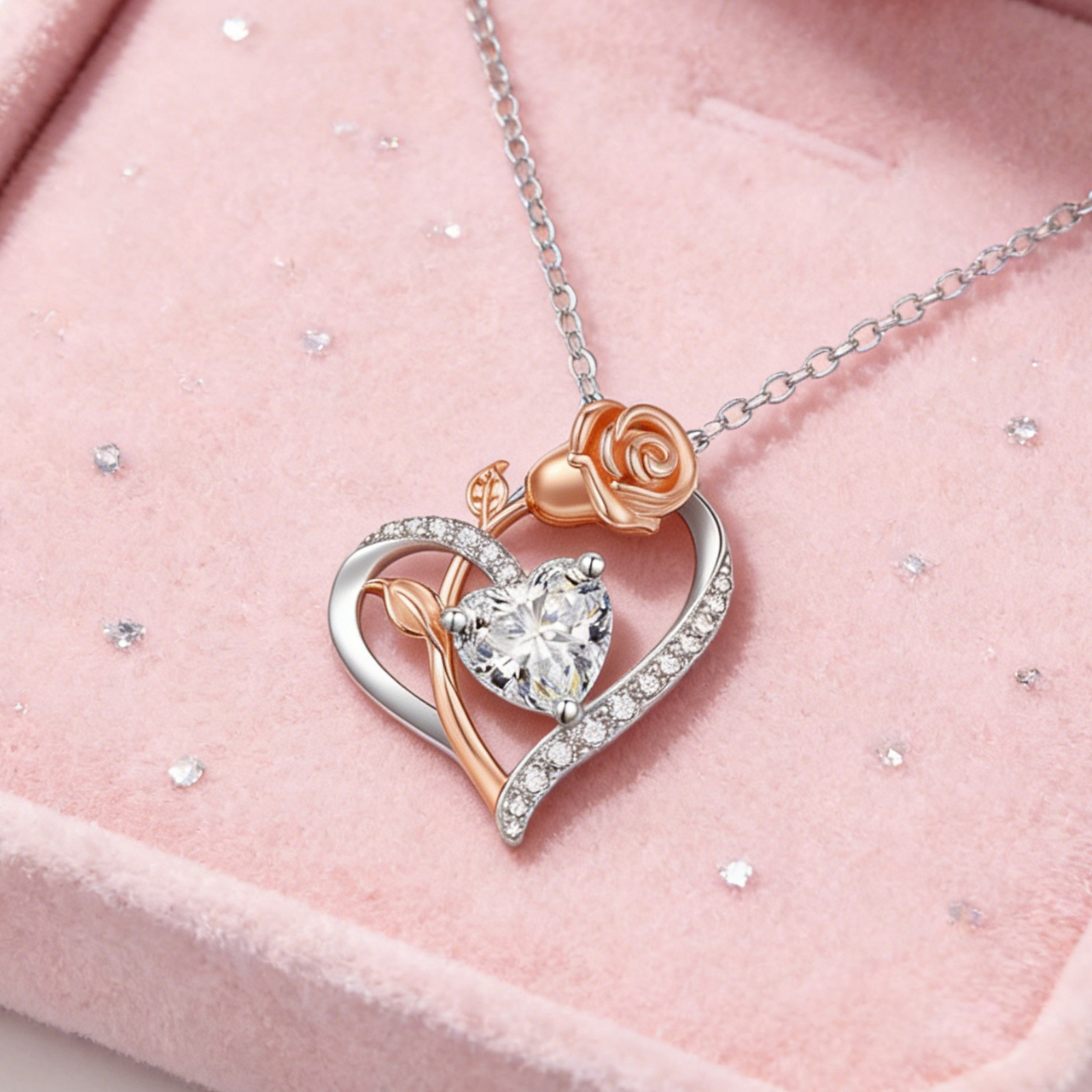 Flydeer Necklaces for Women 925 Sterling Silver Two-Tone Rose Heart Pendant Necklace 5A CZ Jewelry Gifts for Women
