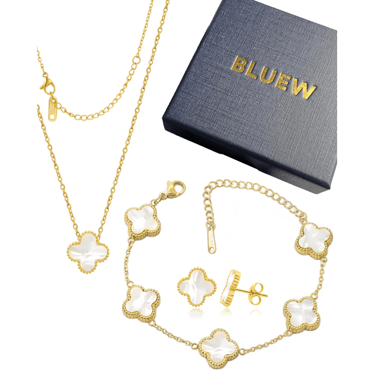 BLUEW Four Leaf Clover Jewelry Set, Necklace Earrings Bracelet