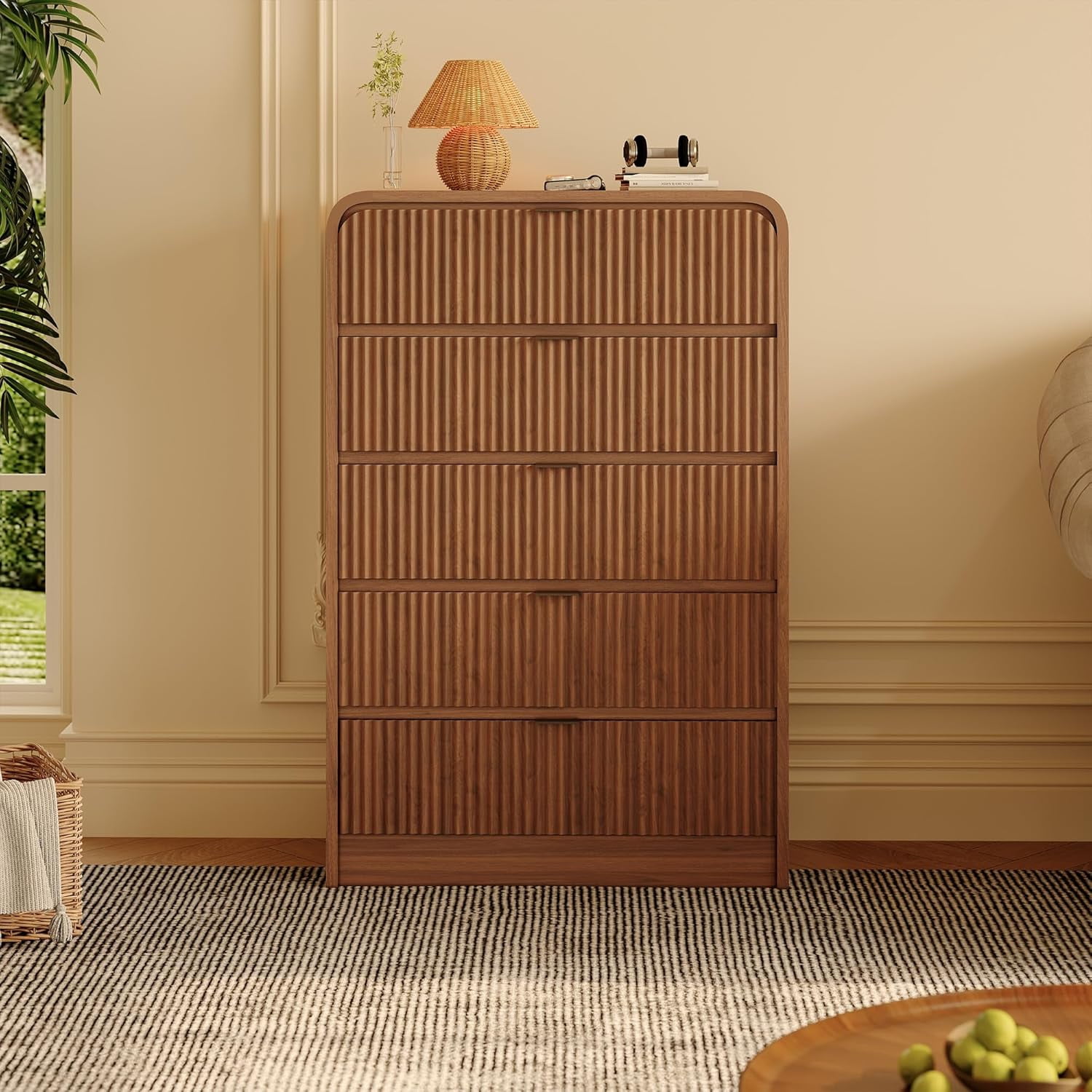 Fluted 5-Drawer Tall Dresser, Walnut Wood Chest with Rounded Edge for Bedroom, Living Room, Hallway