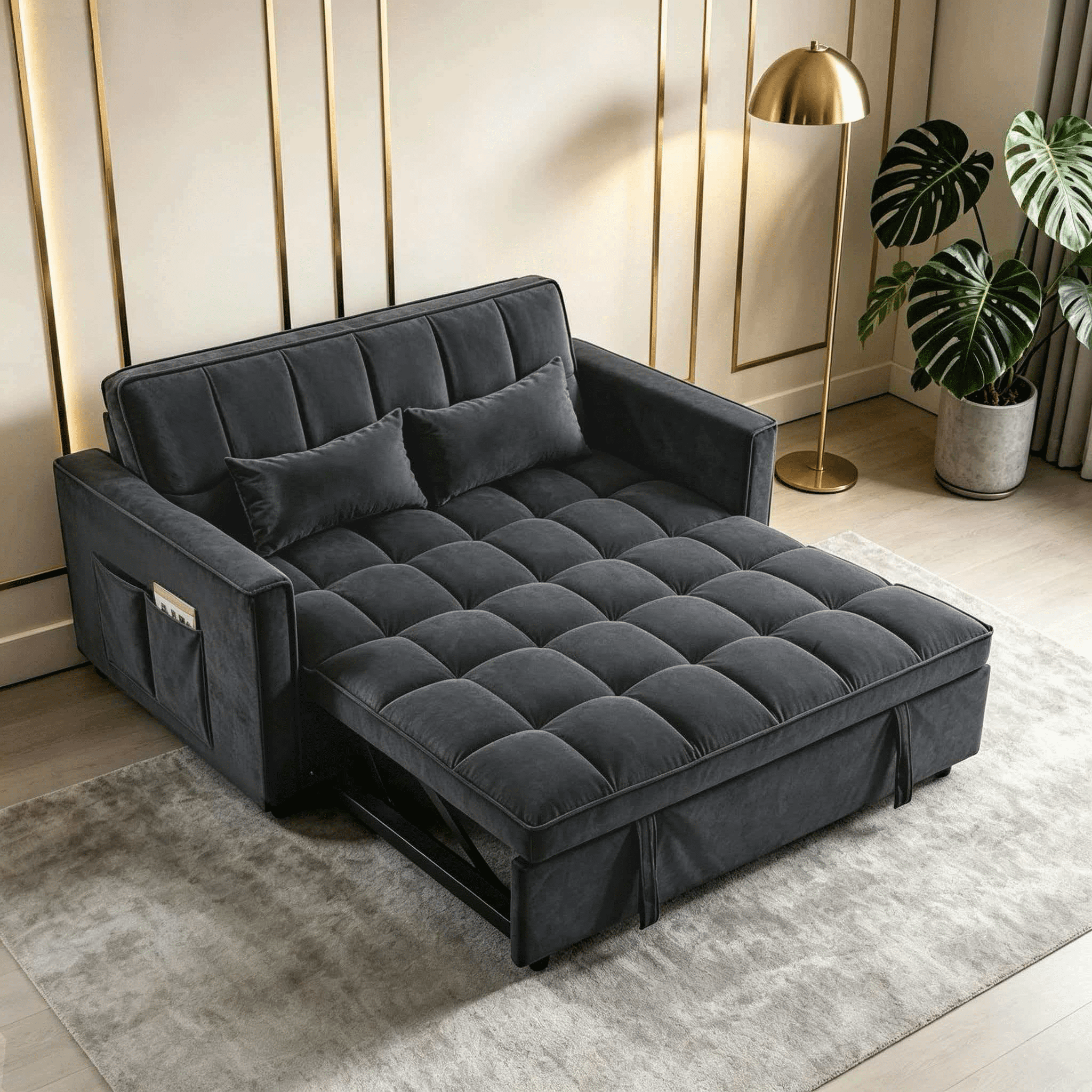 3-IN-1 Convertible Sofa Bed | Compact 2-seater sofa bed | 53.5-inch Velvet Fabric Sofa | Suitable for apartments, small flats, motorhomes, children's rooms, client reception areas, office rest areas,