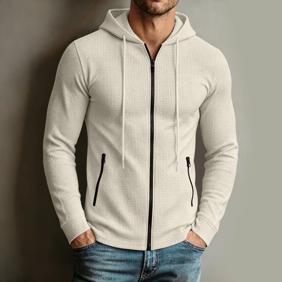 LYSMORA Men's Waffle Knit Full Zip Hooded Jacket Long Sleeve Drawstring Sweatshirt with Zipper Side Pockets