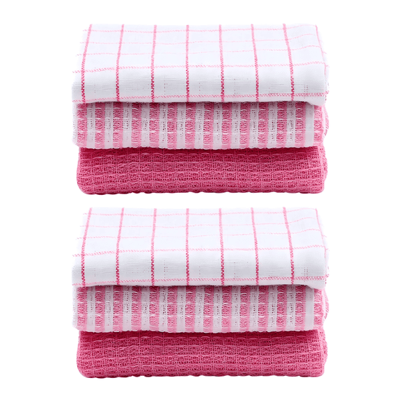 Damkogic Pink Cotton Dishcloth Set, 6‑Pack Reusable Absorbent Striped Cleaning Rags, Washable Paper Towels Alternative, 13.8" x 13.8"