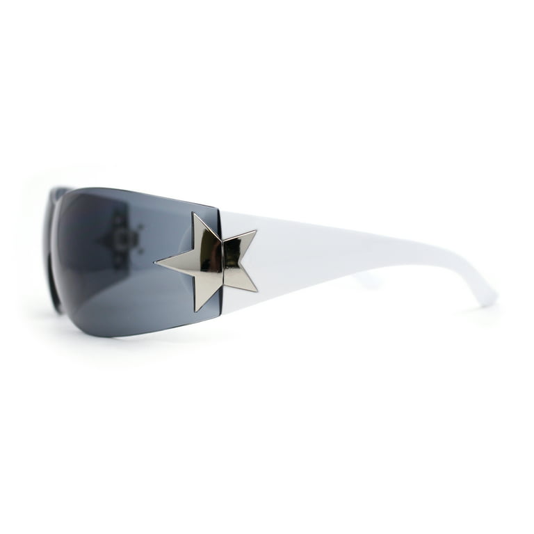 Womens Wrap Around Shield Star Jewel Retro 90s Sunglasses White