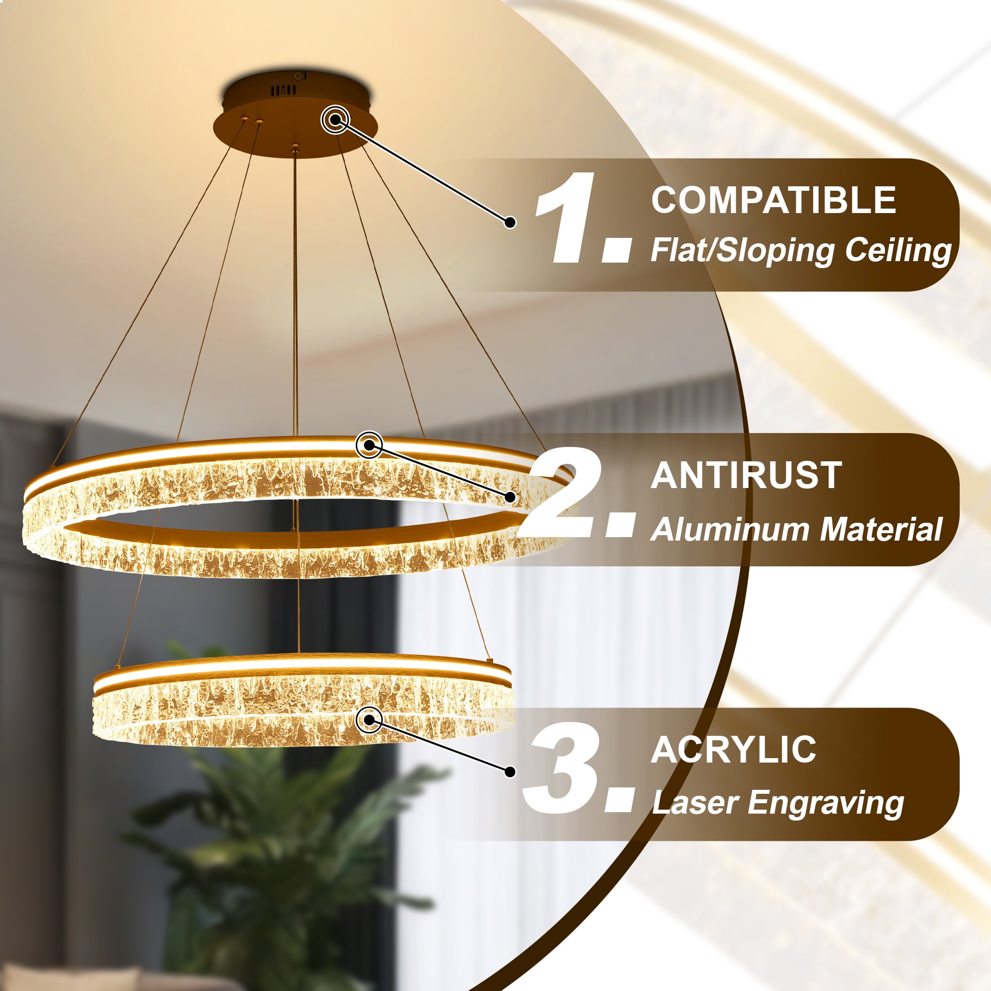 Modern 2-Ring Gold LED Chandelier, Dimmable Pendant Light with Remote, Adjustable Height Ceiling Fixture for Kitchen Island, Dining Room, Bedroom
