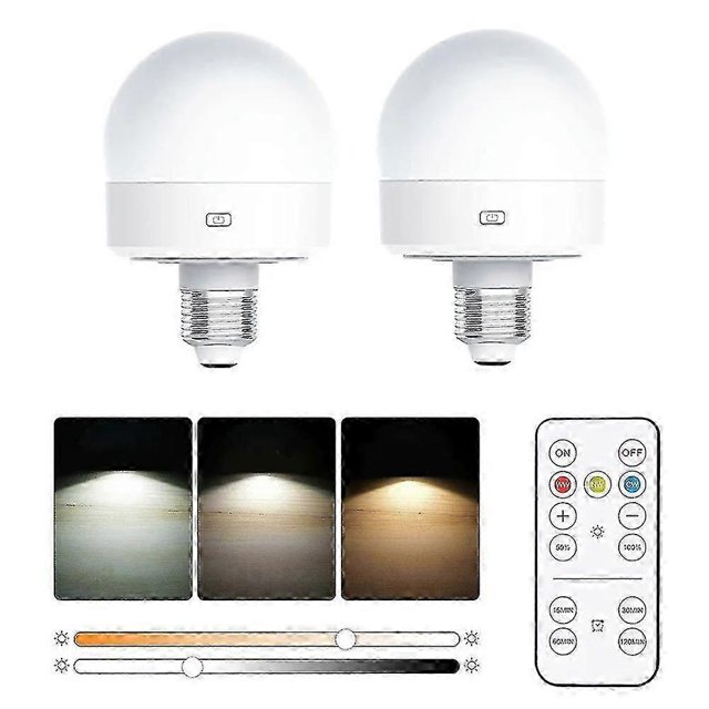 2Pcs E27 Rechargeable Light Bulb 3 Color Temperatures Table Lamp with Remote Timer