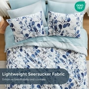 Regency Heights 9-Piece Queen Size Seersucker Comforter Set with Sheets, Texture Botanical Print Bed in a Bag, Blue Bedding Comforter Set with Sheet Set with Side Pocket