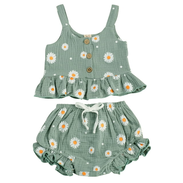Xingqing 2PCS Toddler Kids Baby Girl Sleeveless Ruffled Hem Tank Tops Triangle Shorts