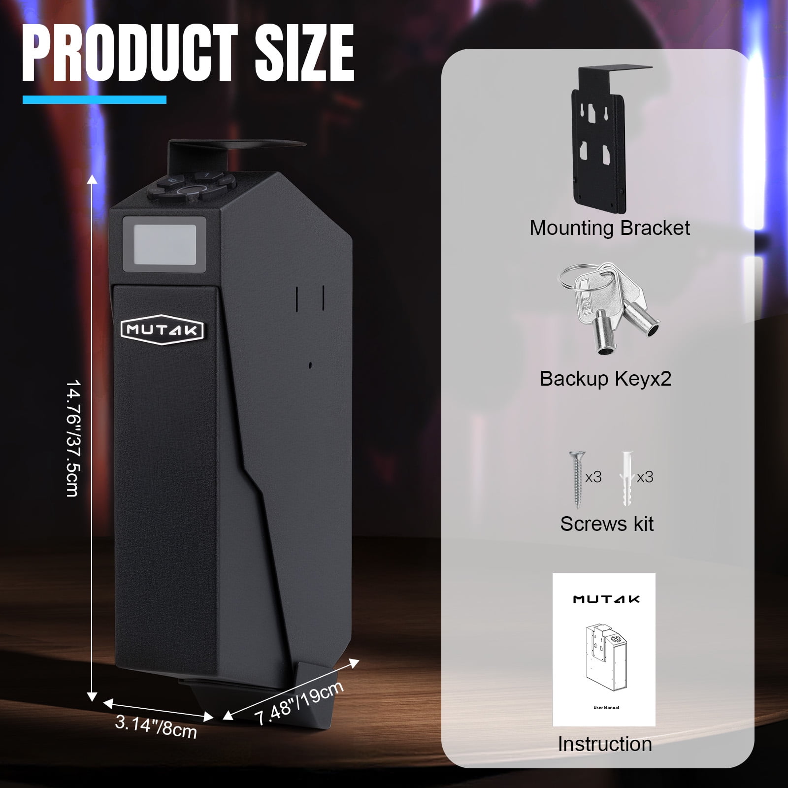 Biometric Finger Recognition Lock, Mutak Fast auto-Open Handgun Box, Quick-Access Pistol Safe Wall Mounting for Nightstand, Bedside, and Desk Table
