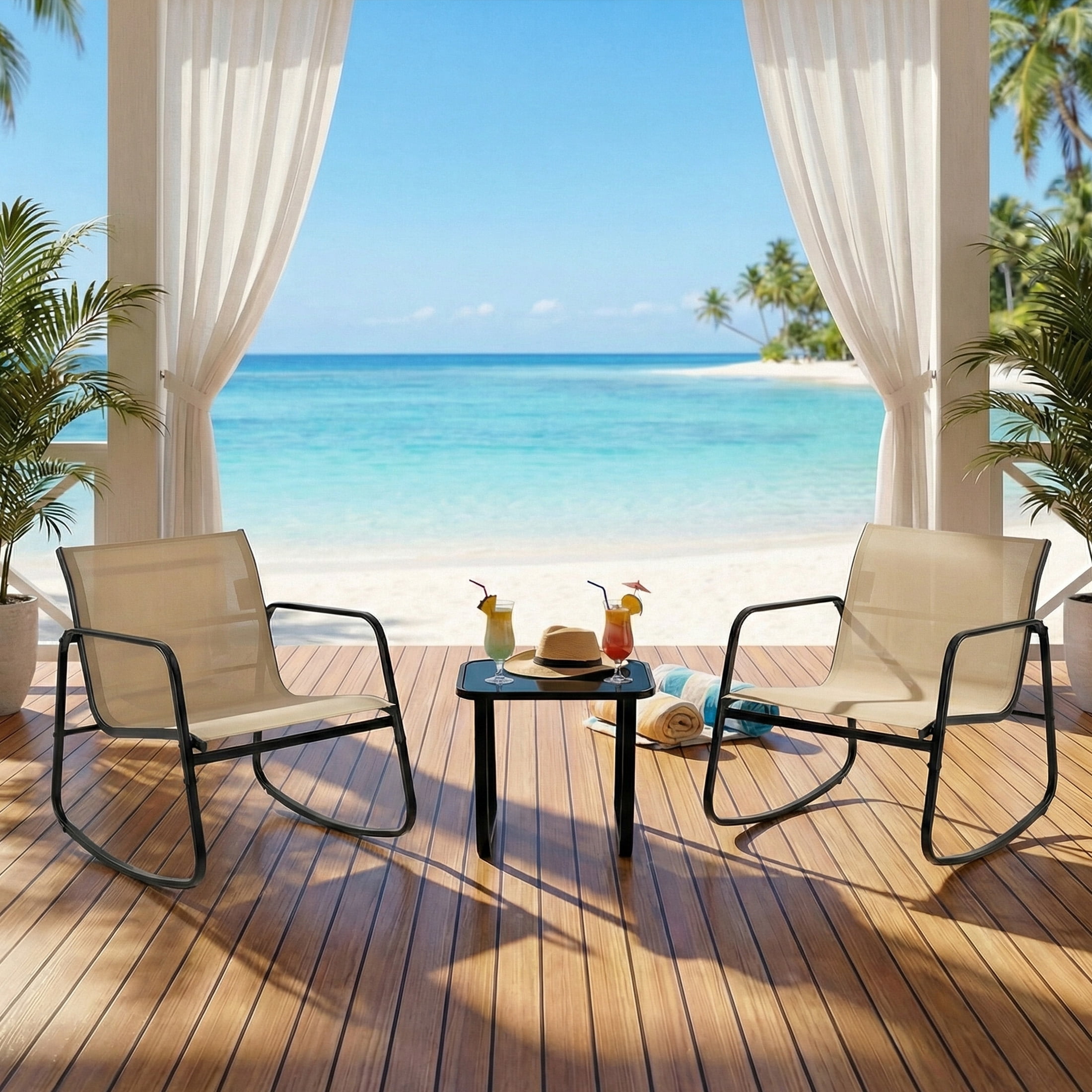 edx 3-Piece Outdoor Rocking Bistro Set with Glass Table Perfect for Poolside, Porch & Lawn, Brown
