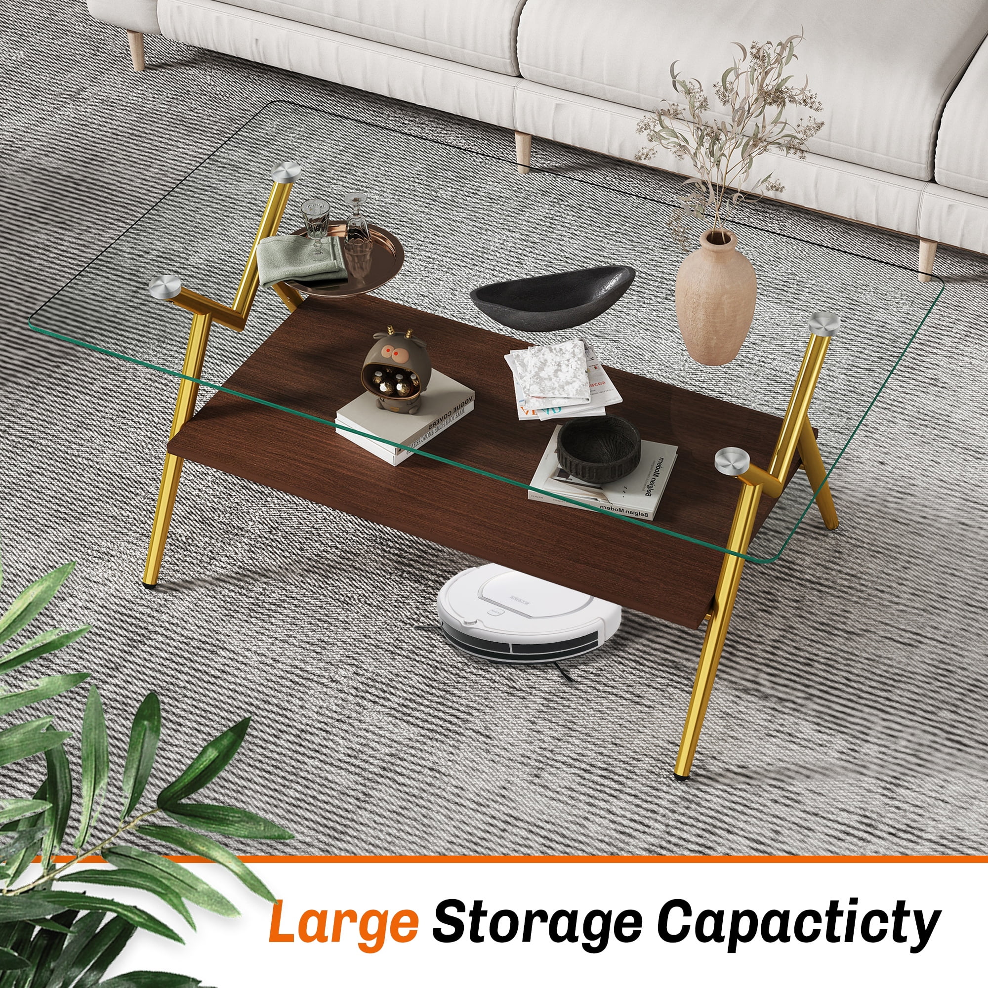 Leumius Glass Coffee Table with Lower Shelf,Clear Rectangle Glass Coffee Table, Modern Coffee Table with Metal Legs for Living Room,Golden+Transparent