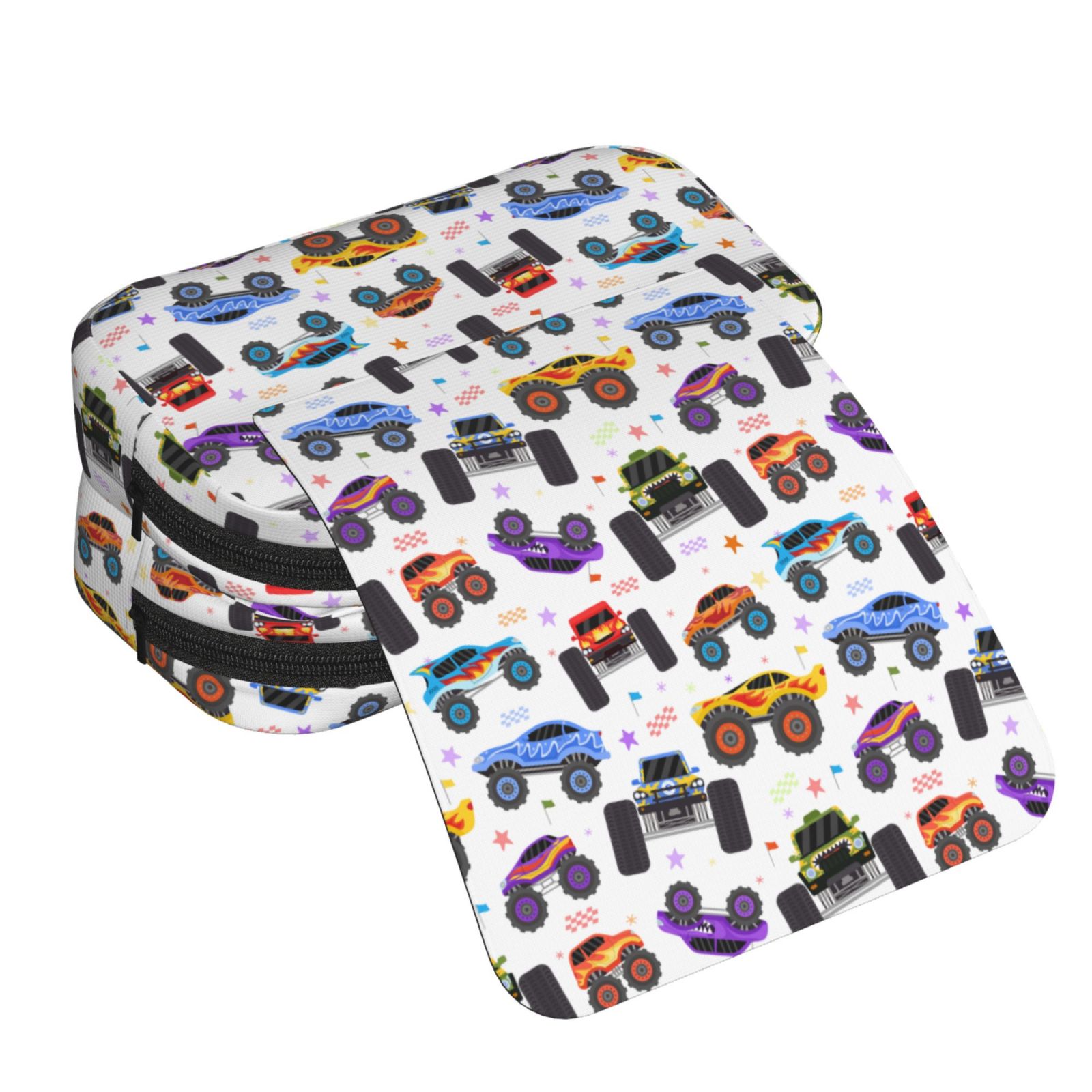 Rateoe Cartoon Monster Trucks1 Pattern Double Clamshell Pen Case, Storage Organizer with Two Zipper Compartments– Holds Up to 50 Pencils & Pens