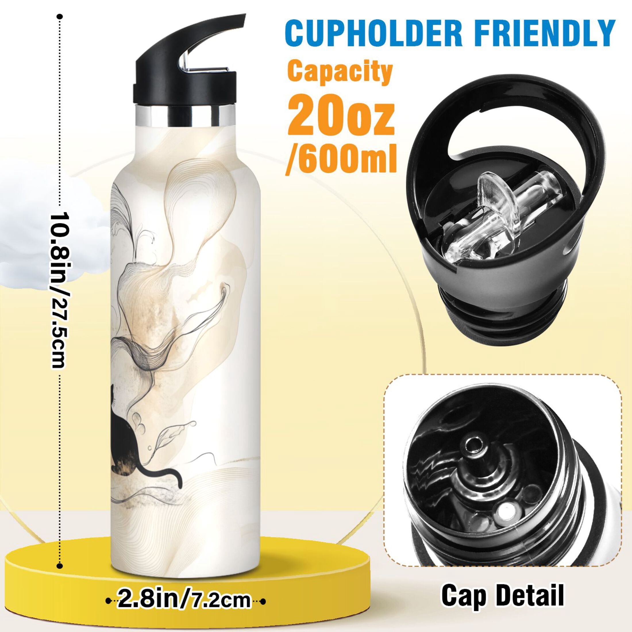 Kids Insulated Stainless Steel Sports Water Bottle 600ml (20oz) Ink Painting Style Cat
