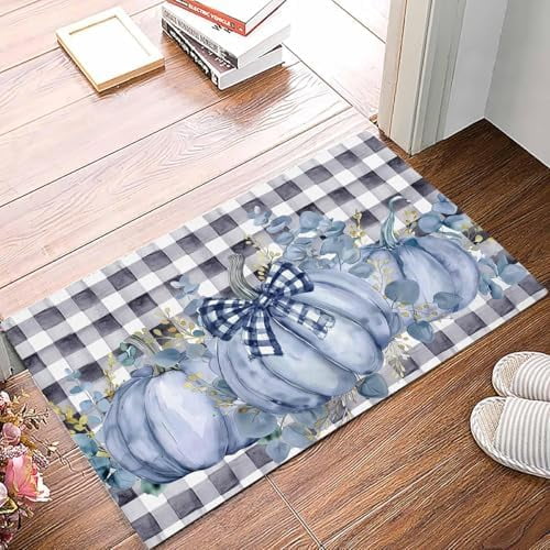 Doormat Indoor Home Decor Door Mat Blue Pumpkins Fall Thanksgiving Floor Rugs for Kitchen Bathroom Black Plaid Watercolor Funny Welcome Mat 16x24 Inch.