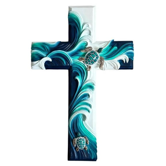 De Leon Collections 14875 Ocean Blue & White Sea Turtle Wave Religious Wall Cross