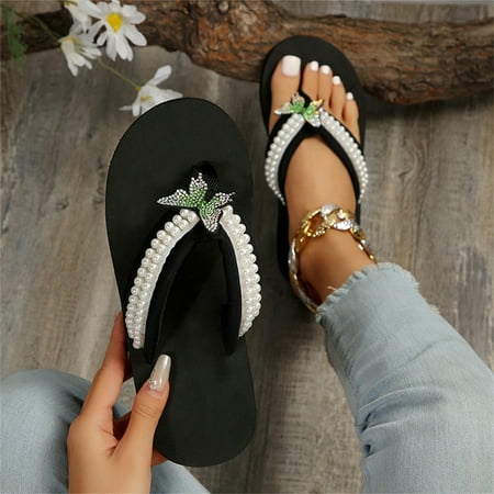 XIMIN New Women's Rhinestone Platform Sandals High | Low Platform T-Strap Jewel Sandals High Wedge Beach Flip Flops Summer Vacation Footwear (6.5, Green)