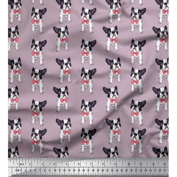 Soimoi Rayon Fabric Bow & Boston Terrier Dog Print Fabric by The Yard 56 Inch Wide