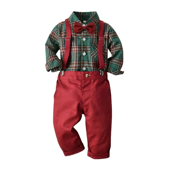 VNKIDY Toddler Boys Long Sleeve O-Neck Plaid T Shirt Tops Suspender Pants Child Kids Gentleman Outfits Sets Cute