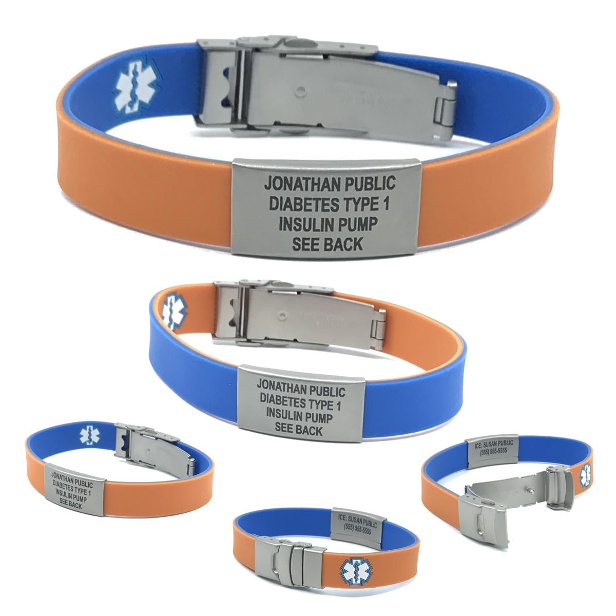 EpicBand Duo Medical Alert ID Bracelet for Kids, Teens , Adults. Reversible, Custom Engraved. Free Shipping - Blue / Orange