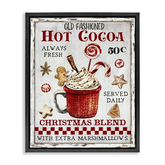 Stupell Industries Vintage Hot Cocoa Holiday Painting Black Floater Framed Canvas Art Prints Wall Art, 17 x 21
