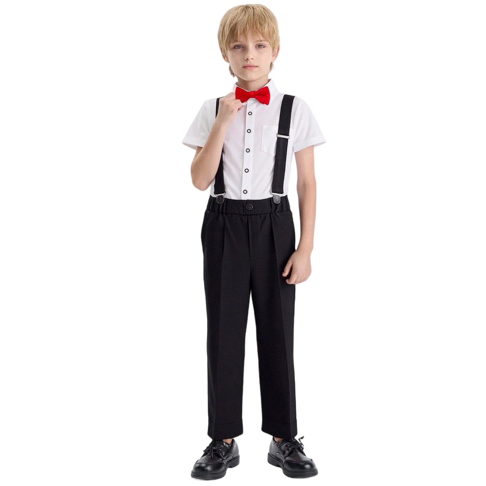 Kiijoy Big Boys Formal Suit Short Sleeve Dress Shirt Suspenders Pants Bow Tie Set Sizes 11-12