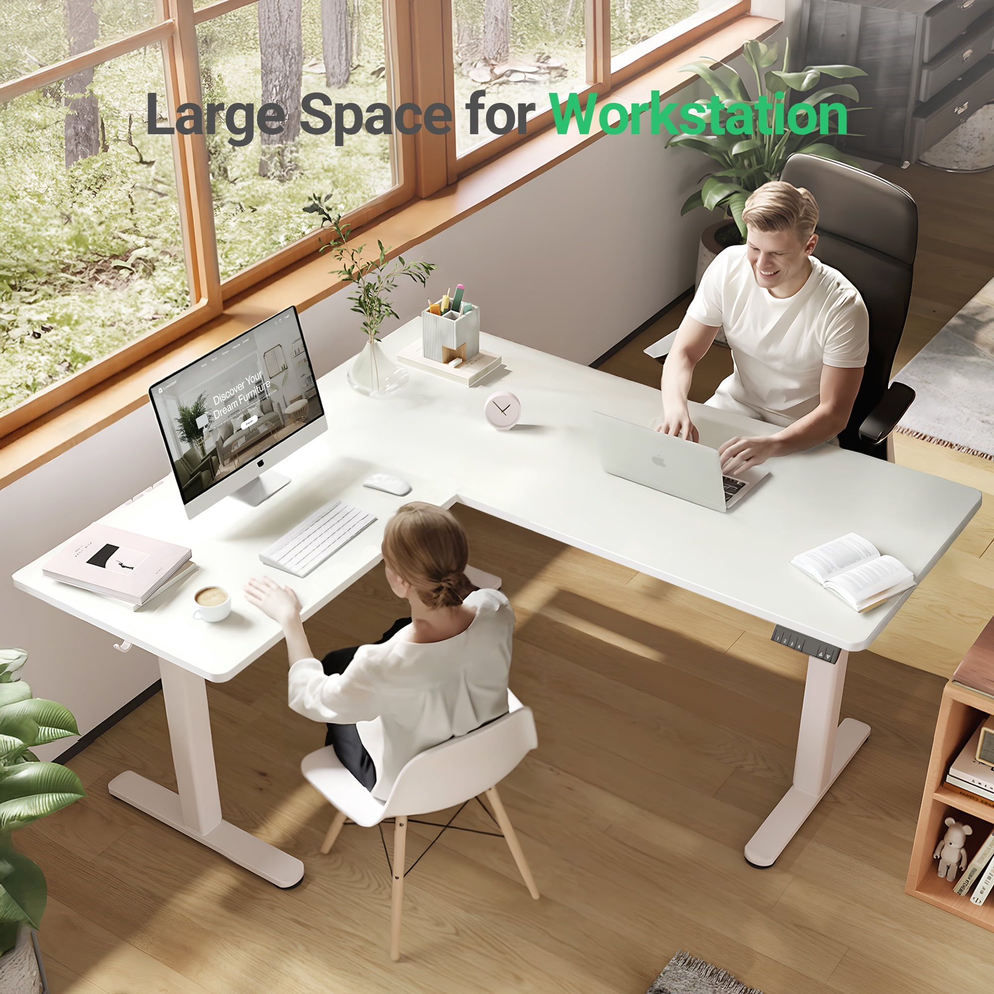 INNOVAR L Shaped Standing Rolling Desk - 63x55 inch Adjustable Height Electric Dual Motor Corner Desk - Large Home Office Sit to Stand up Computer Desk for 2 People W/Preset Memories, White