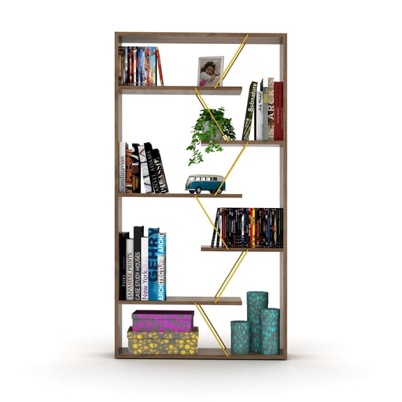 JERFIT 6 Shelf Industrial Bookshelf, Solid Wood Bookcase with Open Back for Living Room, Office Storage Organizer in Walnut Finish