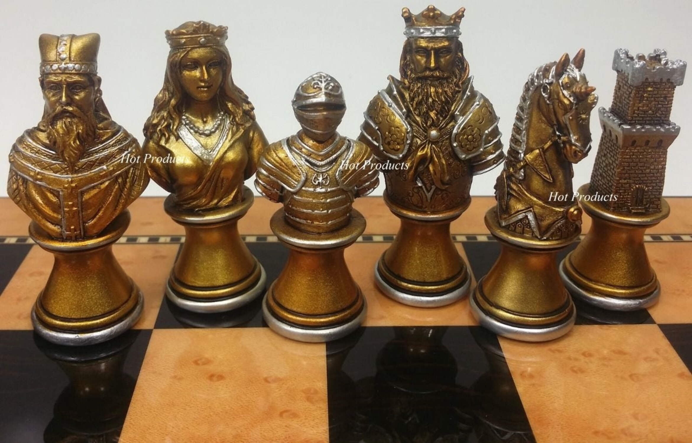 Medieval Times Crusades Busts GOLD SILVER Chess Set Walnut  Maple Color BD 15"
