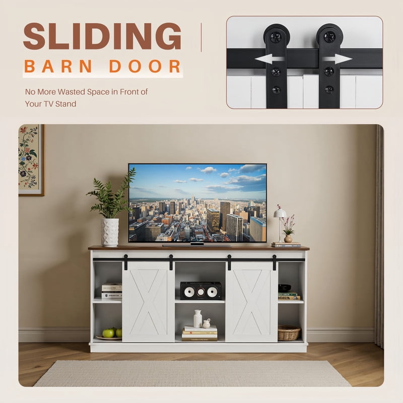 Kelno TV Stand for 65 Inch TV with Sliding Barn Doors Storage Shelves Farmhouse Entertainment Center Media Console Cabinet, White