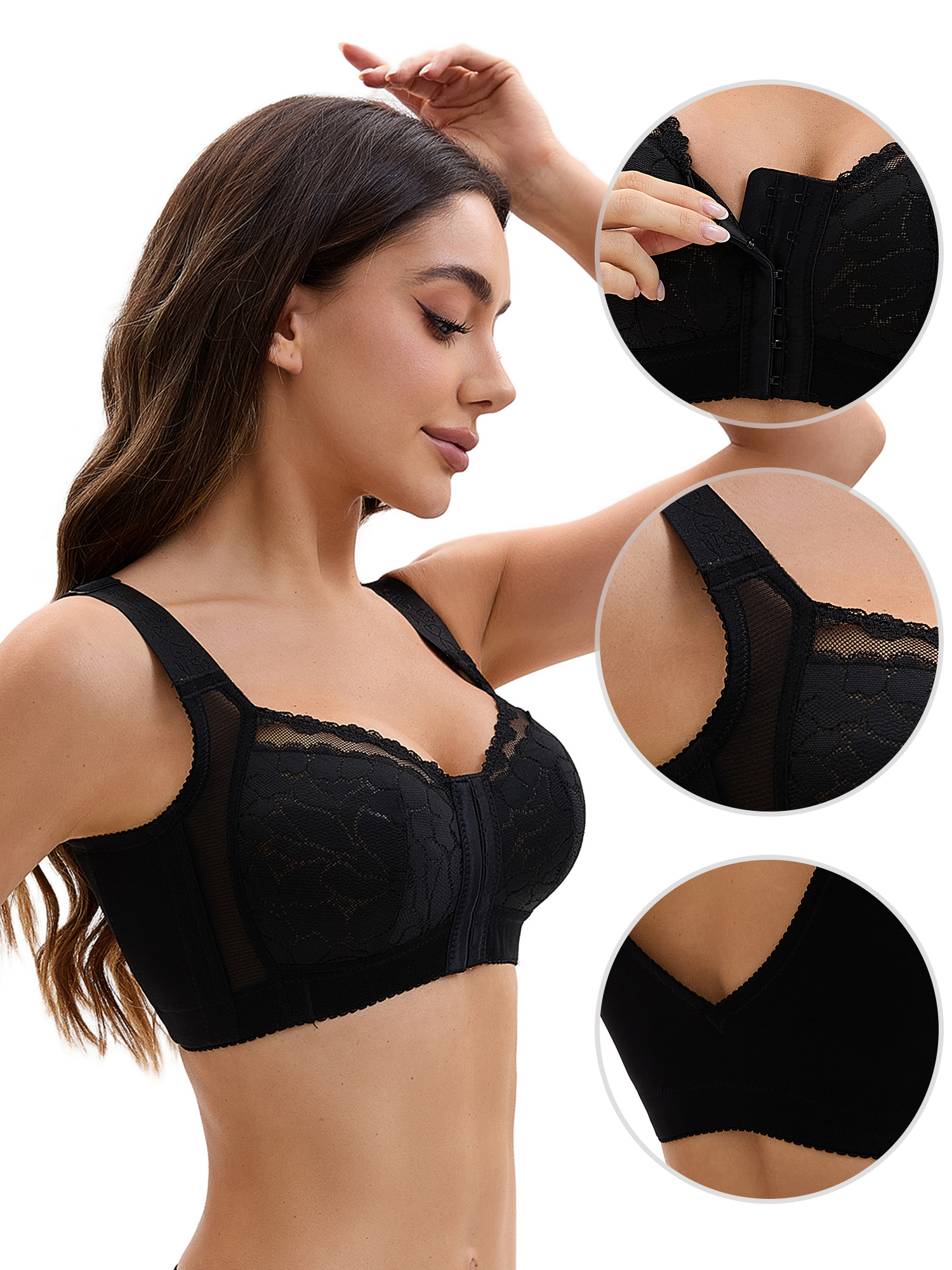 Unique Bargains Lace Front Closure Full Coverage Wirefree Bras E 44 Black