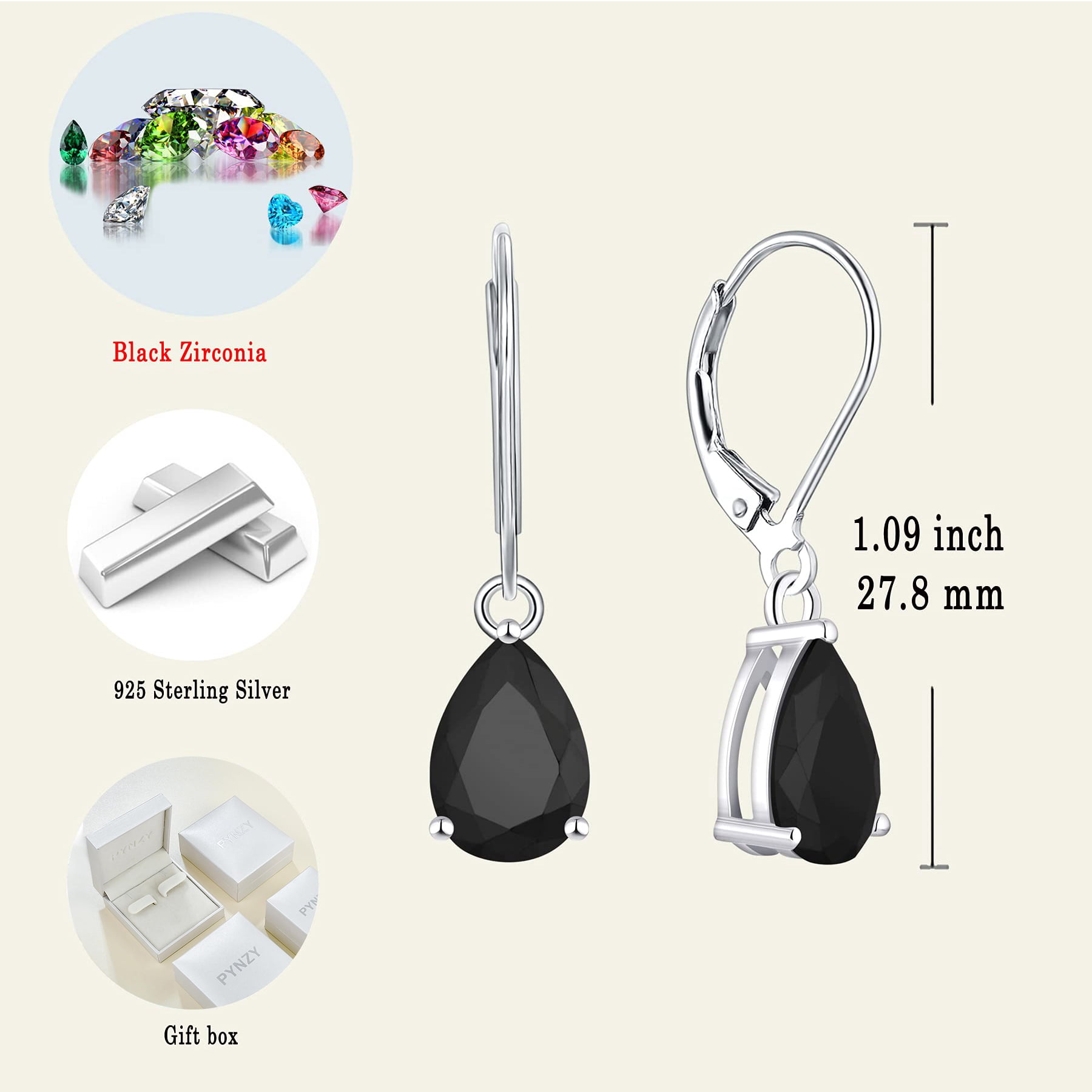PYNZY Dangle Drop Earrings Sterling Silver Solitaire Leverback Teardrop Earrings for Women Black Cubic Zirconia Jewelry Gifts for Moms
