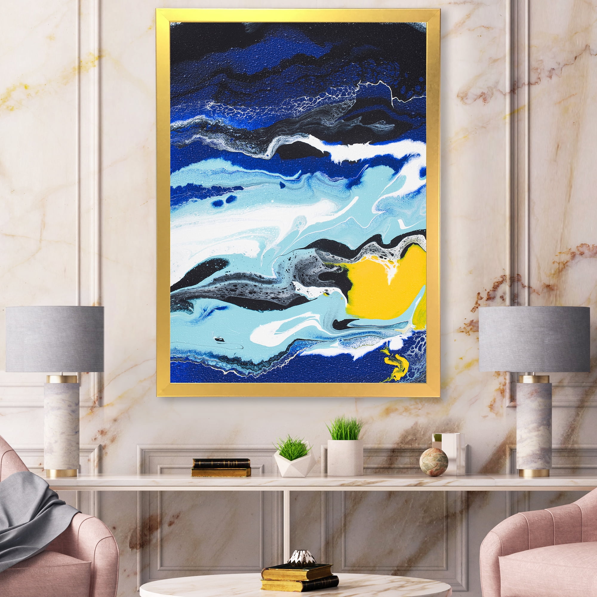 Designart 'Abstract Composition In Blue and Yellow VIII' Modern Framed Art Print