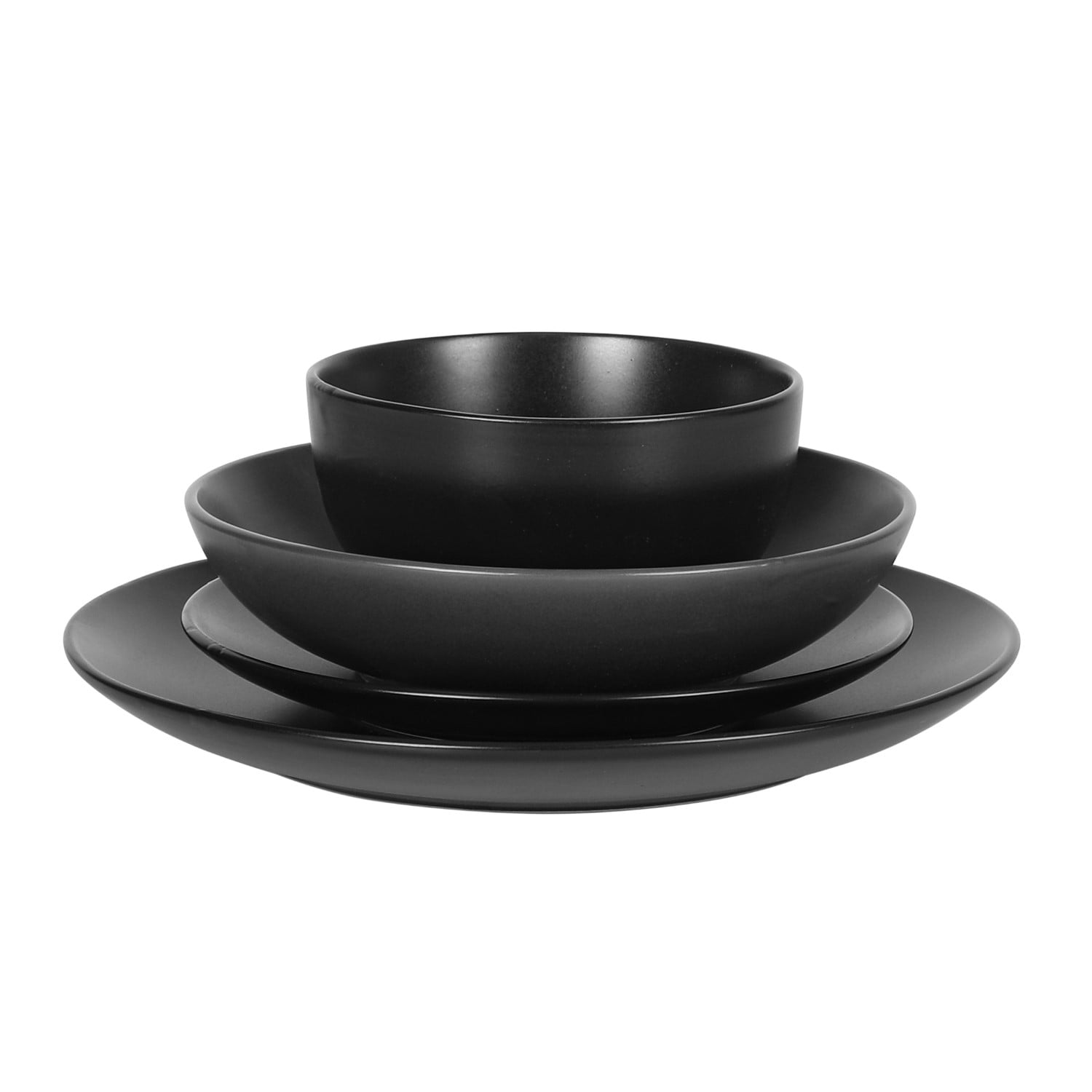 Gibson Home Queenslane 16 Piece Double Bowl Plates and Bowls Dinnerware Sets - Matte Black