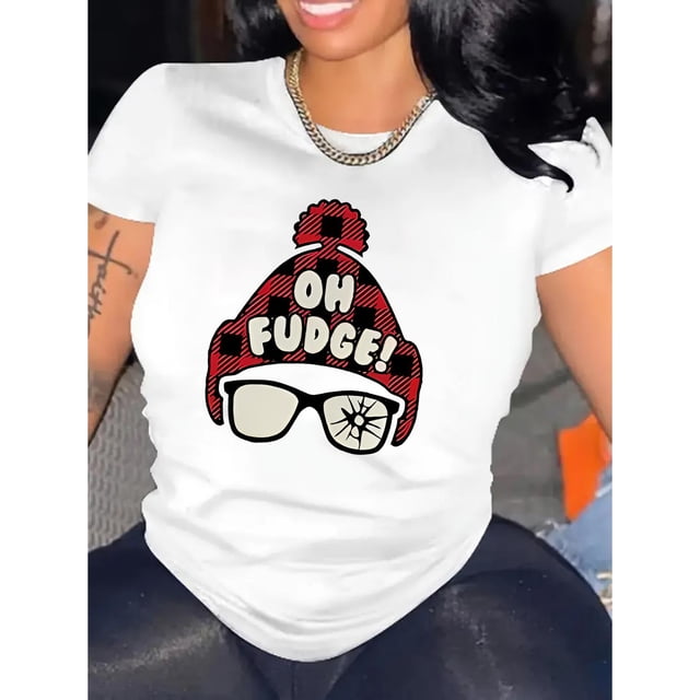 1pc Women'S Casual Crew Neck T-Shirt with "oh Fudge!" Print, Fashionable Short Sleeve Top, Cotton Knit Fabric, Medium Stretch, all-Season Comfort