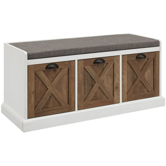 Willow 40" Farmhouse Storage Bench in Rustic Oak/Brushed White/Storm Gray