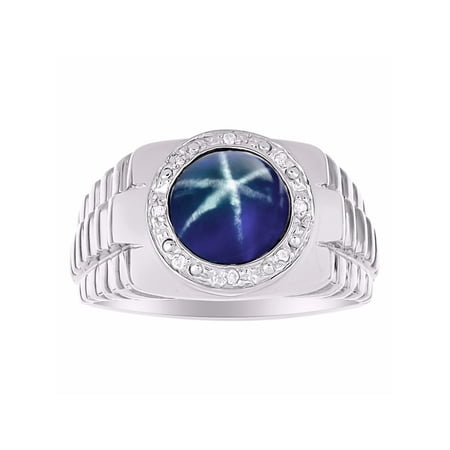 Mens Blue Star Sapphire & Diamond Ring Set in 14K White Gold Designer