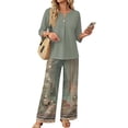 thumbnail image 3 of Vintage Ditsy Floral Print Two Piece Set for Women, 3/4 Sleeve Button Down Top & Wide Leg Pants - Retro Boho Casual Lounge Outfit with Flowy Trousers Army Green L, 3 of 7