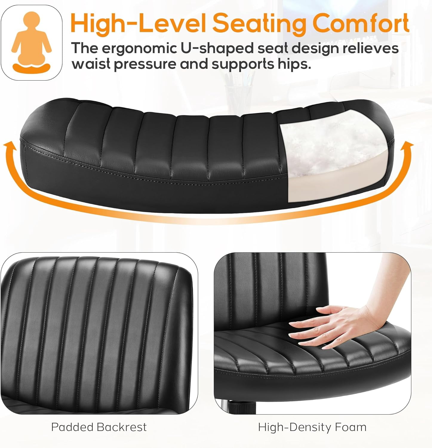 Criss Cross Chair, Cross Legged Office Chair, Wide Comfty Desk Chair, No Wheels Armless Computer Task Chair, Swivel Vanity Home Chair, Height Adjustable