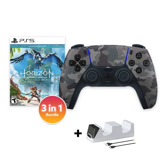 PlayStation 5 DualSense Controller Gray Camouflage with Horizon Forbidden West and Mytrix Dual Controller Charger - 3 in 1 Bundle for PS5