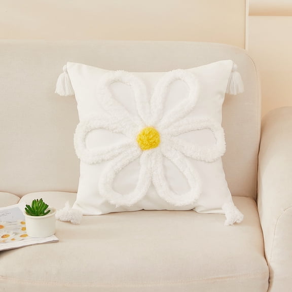 18x18in Tufted Daisy Flower Throw Pillow Cover with Tassels, Hidden Zipper, Washable Cushion Cover for Sofa Bed, Insert Not Included