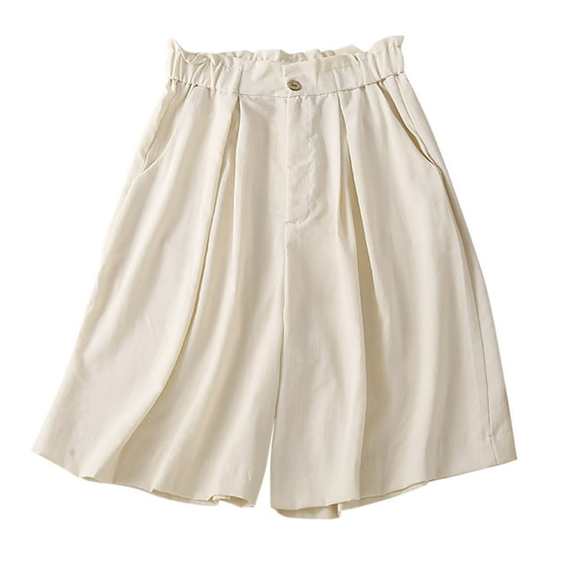 Diufon Elastic Ruffle Waist Shorts for Women Cotton Linen Pleated Shorts Pockets Solid Color Button Shorts