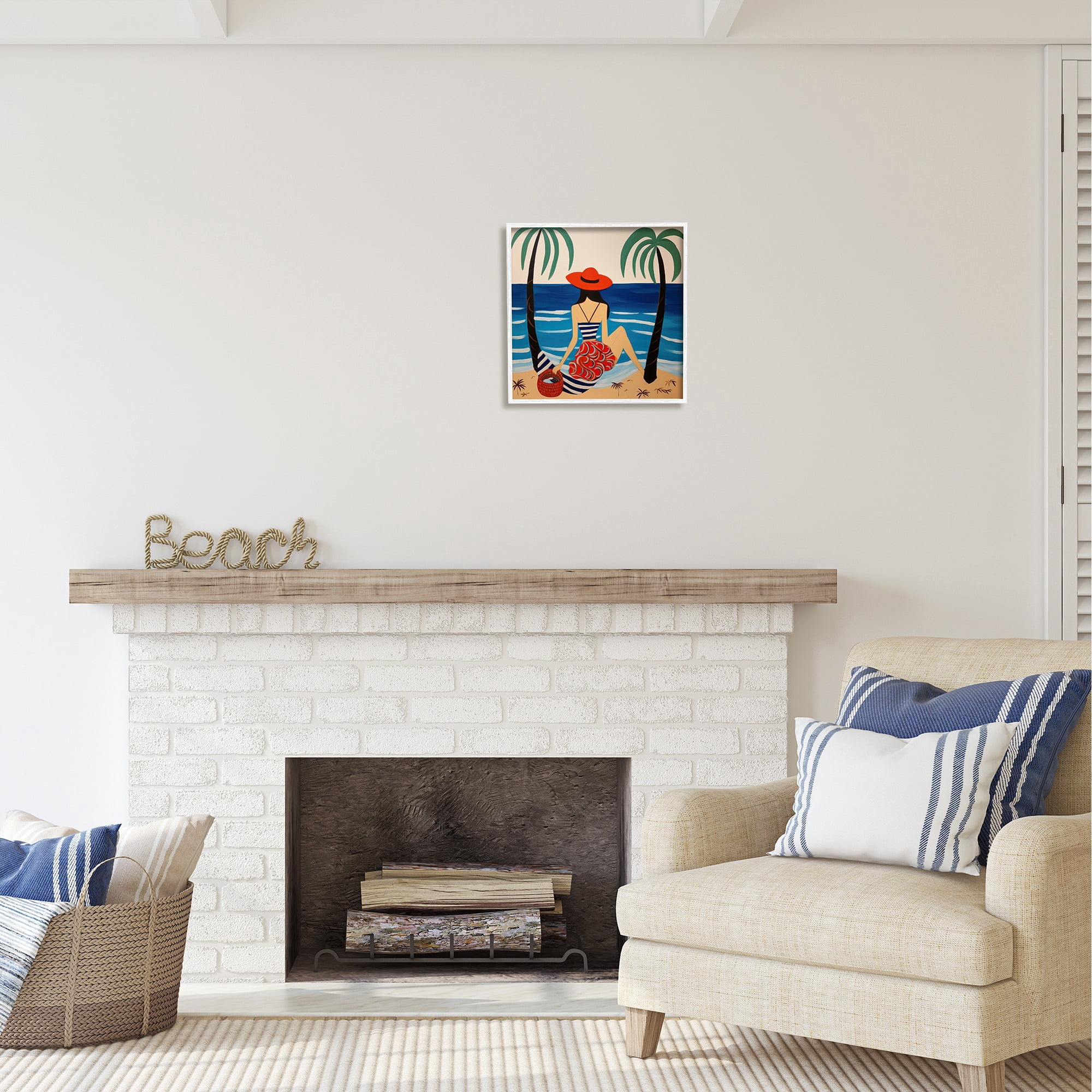 Stupell Industries Modern Woman on Shore Landscape Painting White Framed Art Print Wall Art, 17 x 17